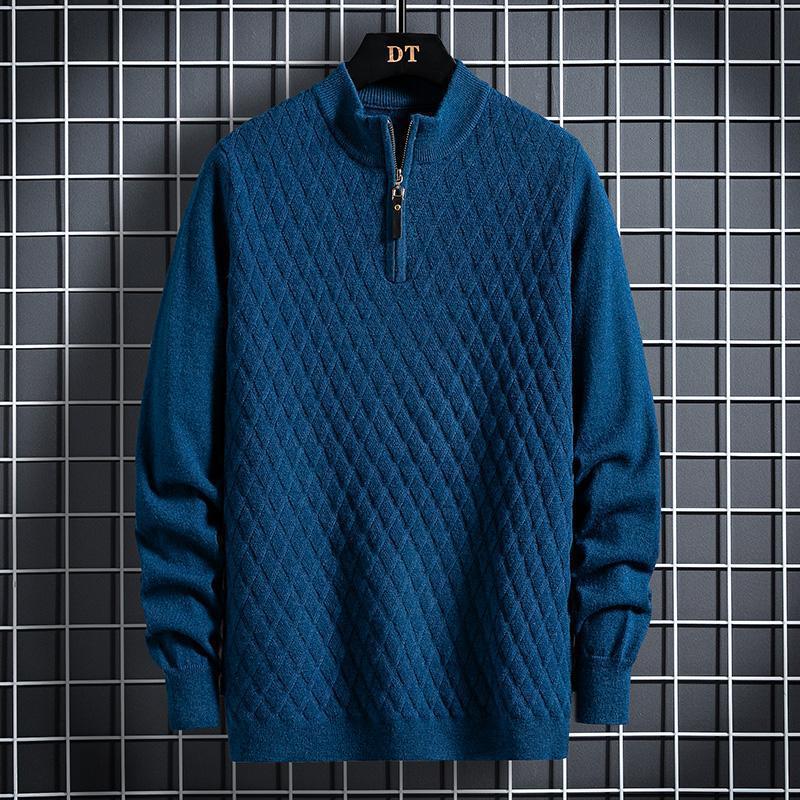 Fall Winter Men Half Zip Sweater Diamond Lattice Sweater