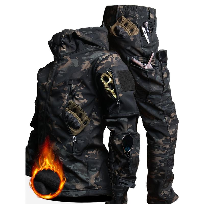 Men's casual camouflage & solid color suit, waterproof plush-lined jacket and pants, multi-pocket design, suitable for outdoor hiking, autumn and winter