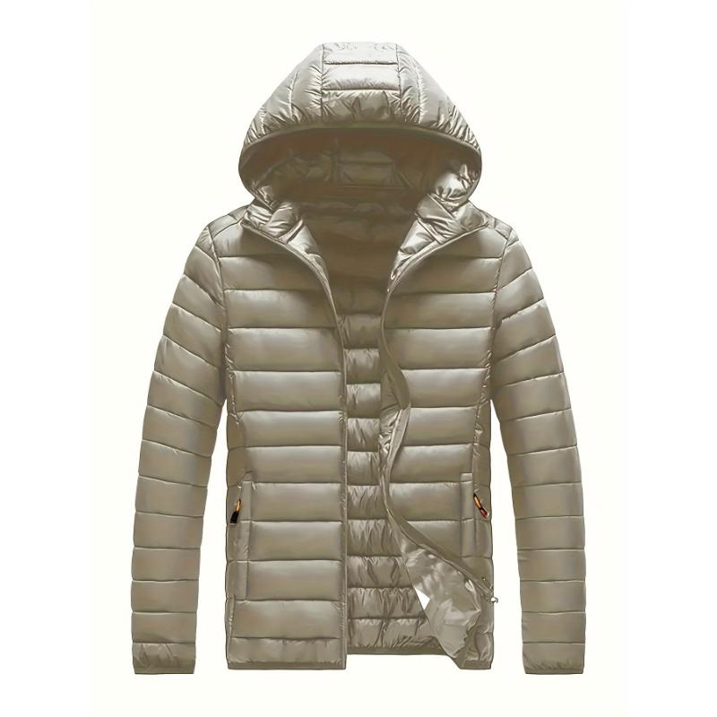 Men's Solid Color Zip Up Puffer Jacket With Removable Hood Design, Windproof And Warm Long Sleeve Casual Outerwear For Autumn And Winter