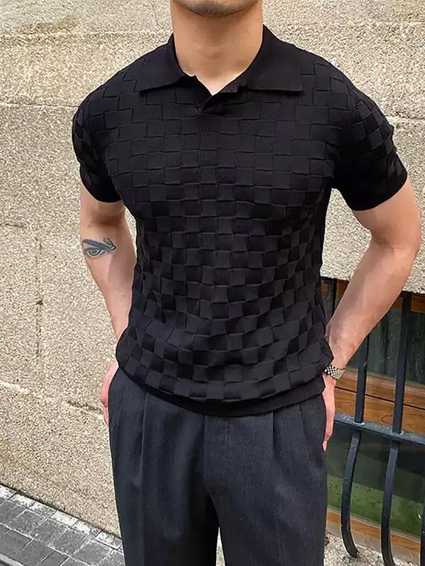 Men's Regular Fit Plaid Pattern Short Sleeve Collared Knit Top, Casual Fashion Knitting Top for Summer, Fashion Men's Knitwear for Daily Wear