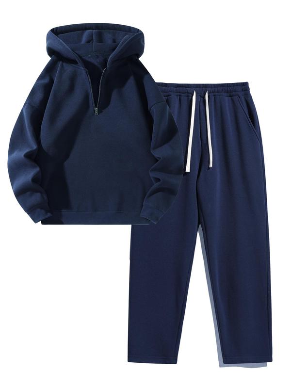 2 Pieces Unisex Men's Plain Basic Regular Fit Drop Shoulder Half Zip Hoodie & Pocket Drawstring Sweatpants Two-Piece Set, Back To School Clothes, Men's 2 Piece Set, Men's Outfits Set