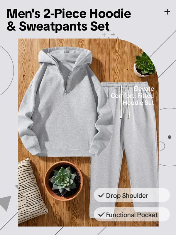 2 Pieces Unisex Men's Plain Basic Regular Fit Drop Shoulder Half Zip Hoodie & Pocket Drawstring Sweatpants Two-Piece Set, Back To School Clothes, Men's 2 Piece Set, Men's Outfits Set