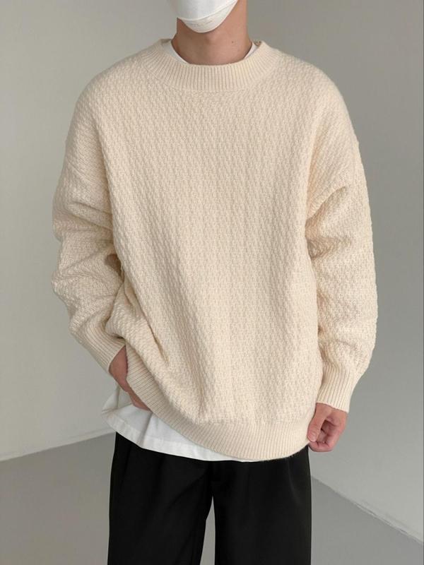 Men's Solid Drop Shoulder Sweater, Loose Casual Long Sleeve Round Neck Jumper for Spring & Fall, Fashion Men's Knitwear for Daily Wear