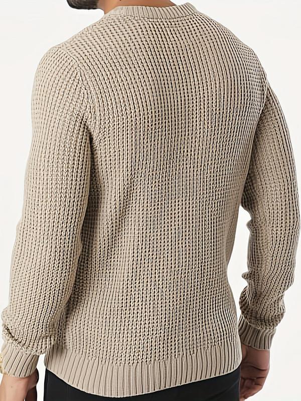 Men's Solid Waffle Knit Crew Neck Sweater, Regular Fit Casual Long Sleeve Jumper for Fall & Winter, Fashion Men's Knitwear for Daily Wear