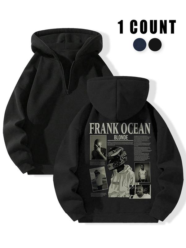 Men's Frank Ocean Letter Print Zip Up Hoodie, Regular Fit Casual Drop Shoulder Long Sleeve Hooded Sweatshirt for Fall & Winter, Men's Clothes for Daily Wear