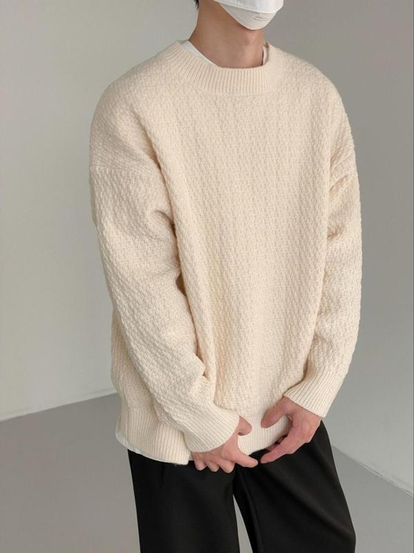 Men's Solid Drop Shoulder Sweater, Loose Casual Long Sleeve Round Neck Jumper for Spring & Fall, Fashion Men's Knitwear for Daily Wear