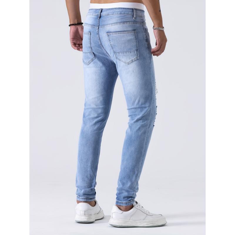 Mens Slim Fit Ripped Jeans - Casual Street Style Distressed Medium Stretch Denim Pants with Faded Thighs and Knees for Fashionable Comfort