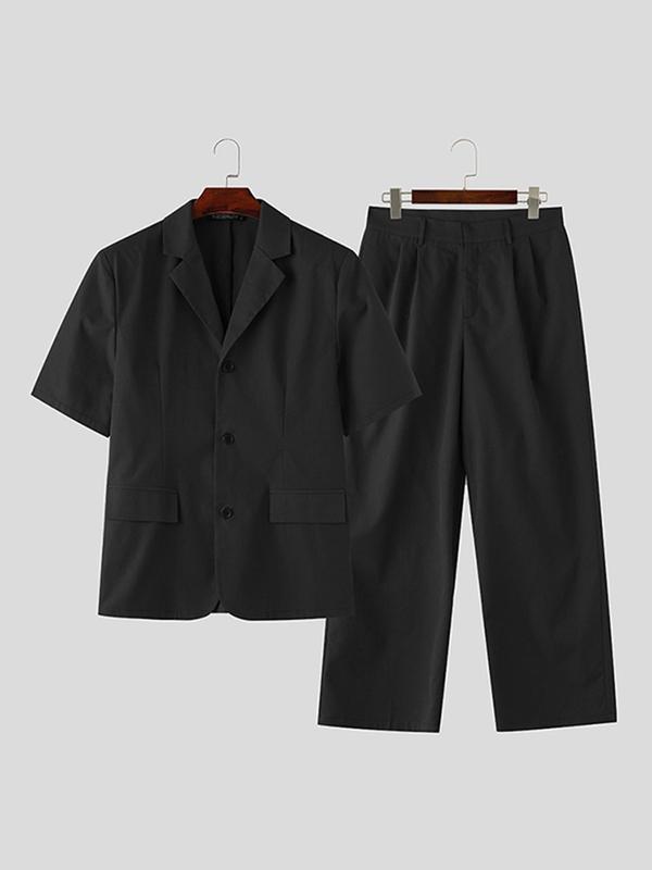 Two Pieces Men's Pocket Button Front Co-ord Set, Casual Lapel Blazer & Plicated Wide Leg Pants for Summer, Men's Two-piece Outfits for Business Work Office