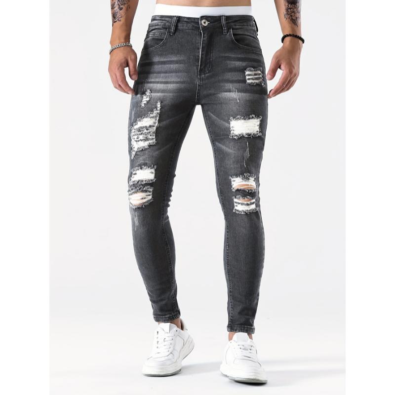 Mens Slim Fit Ripped Jeans - Casual Street Style Distressed Medium Stretch Denim Pants with Faded Thighs and Knees for Fashionable Comfort