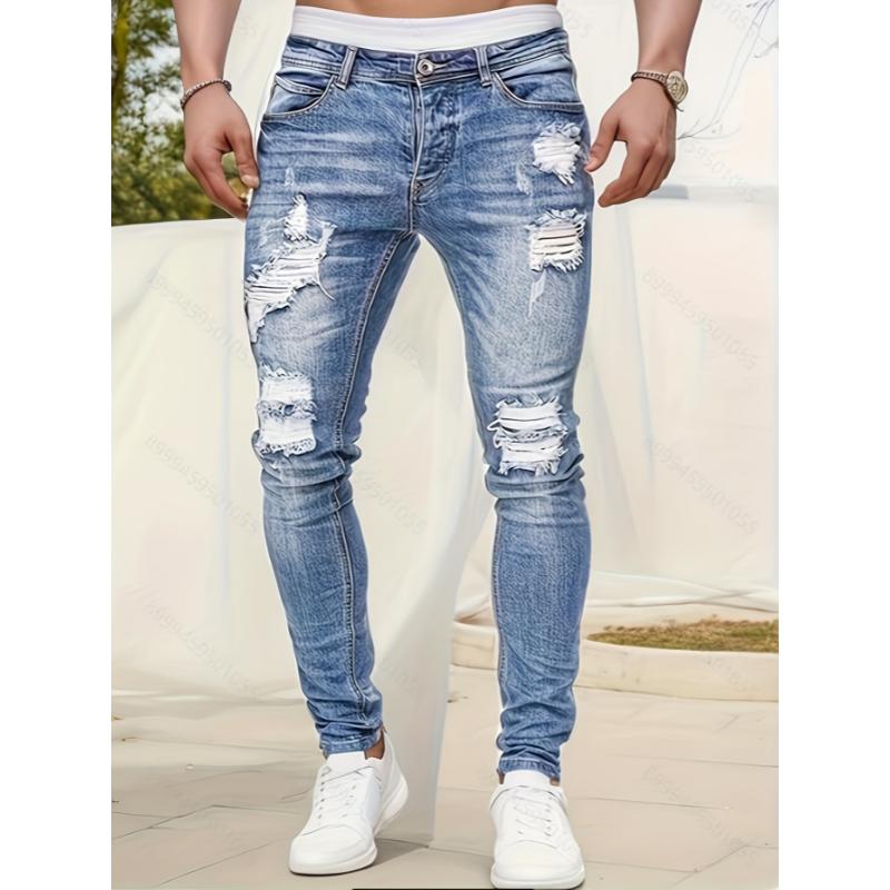 Mens Slim Fit Ripped Jeans - Casual Street Style Distressed Medium Stretch Denim Pants with Faded Thighs and Knees for Fashionable Comfort