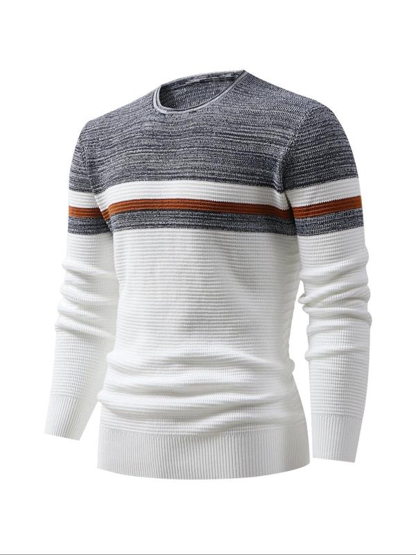 Men's Colorblock Round Neck Sweater, Slim Fit Casual Long Sleeve Crew Neck Jumper for Fall & Winter, Fashion Men's Knitwear for Daily Wear