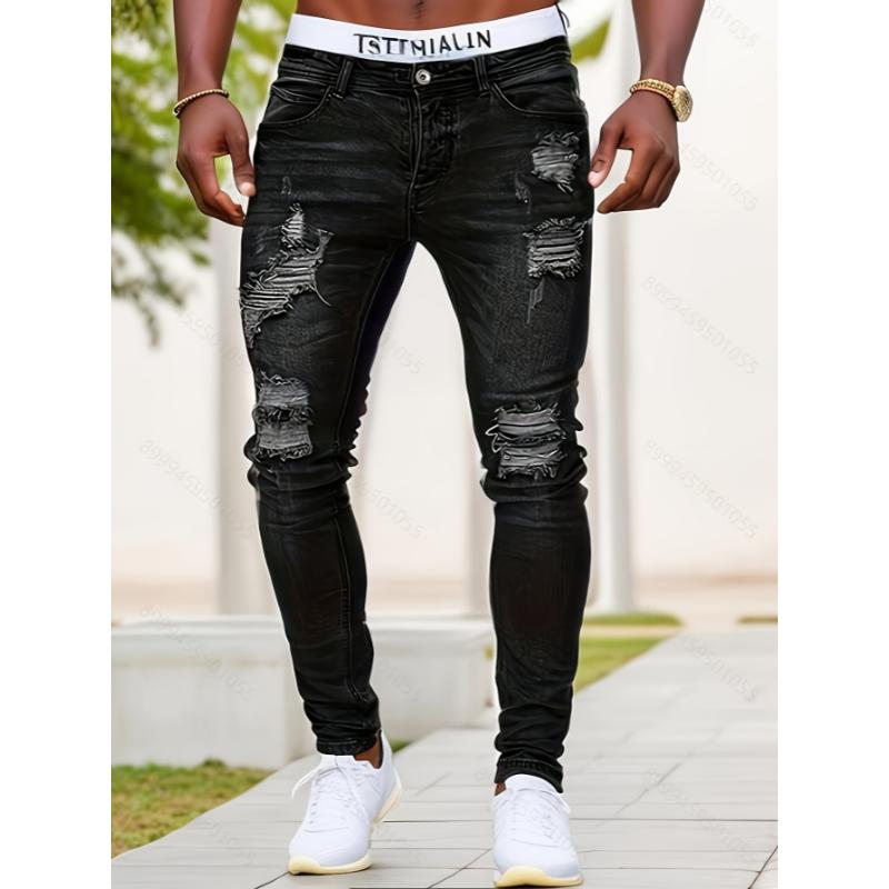 Mens Slim Fit Ripped Jeans - Casual Street Style Distressed Medium Stretch Denim Pants with Faded Thighs and Knees for Fashionable Comfort