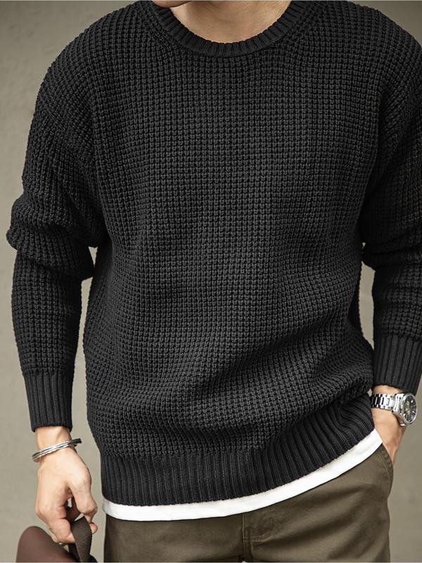 Men's Solid Waffle Knit Crew Neck Sweater, Regular Fit Casual Long Sleeve Jumper for Fall & Winter, Fashion Men's Knitwear for Daily Wear