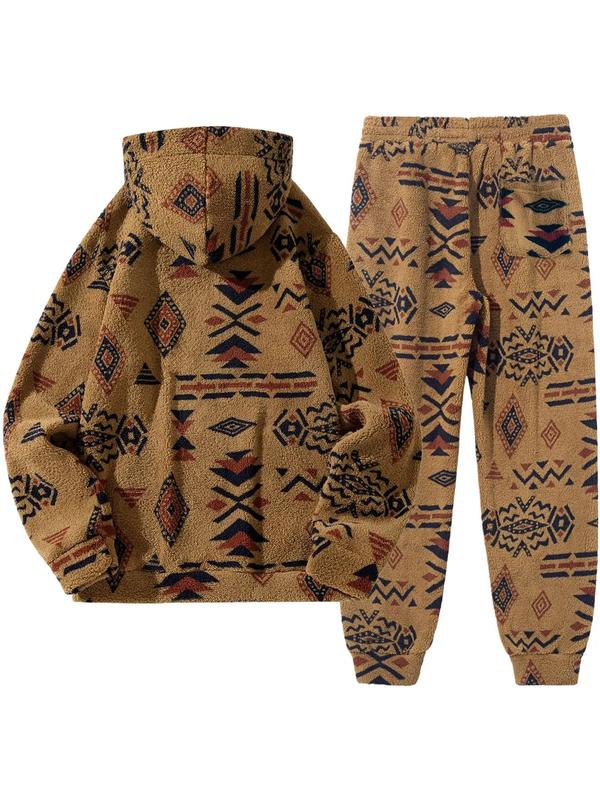 Men's Ethnic All Over Geometric Print Drop Shoulder Plush Sweatshirt & Drawstring Waist Pants Set, Regular Fit Casual Fashion Cozy Breathable Two-piece Outfits for Daily Outdoor Wear, Men Clothes for Fall & Winter