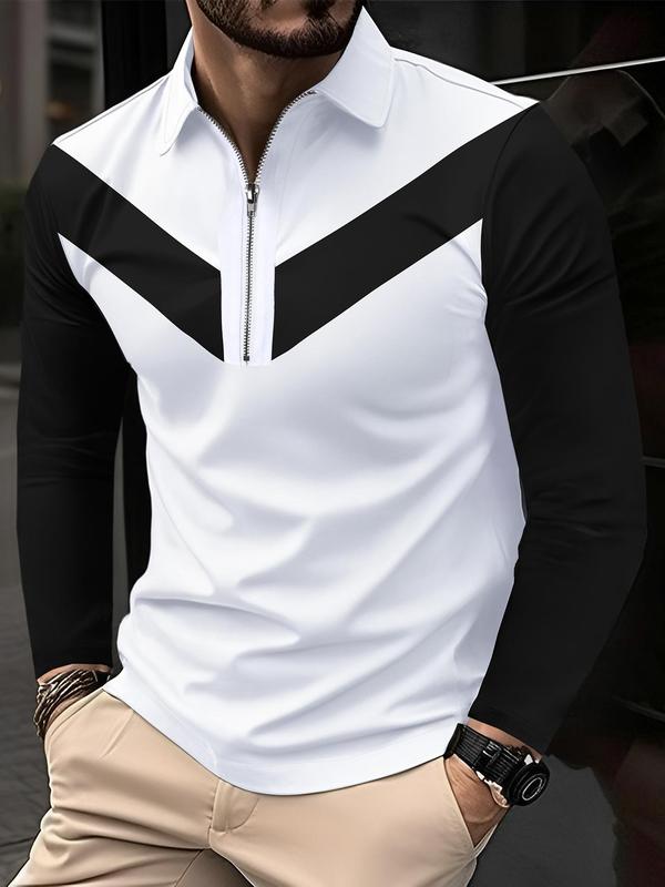 Men's Colorblock Geometric Print Zipper Polo Shirt, Regular Fit Casual Long Sleeve Collared Top for Fall & Winter, Men's Clothes for Daily Wear