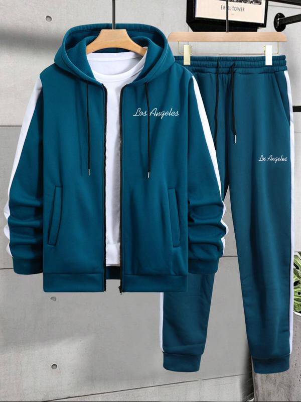 Two-piece Set Men's Letter Print Zip Up Thermal Lined Hoodie & Drawstring Waist Sweatpants Set, Regular Fit Casual Long Sleeve Hooded Sweatshirt & Jogger Pants Outfit Sets for Men Daily Wear, Sweatsuit Set Outfit, Men's Two-piece Outfits for All Seasons