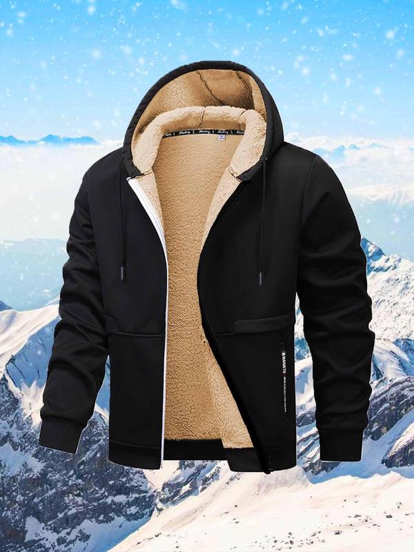 Men's Solid Color Thermal Lined Hooded Jacket, Casual Regular Fit Long Sleeve Zip Up Sports Outerwear for Fall & Winter, Men's Clothes for Outdoor Activities