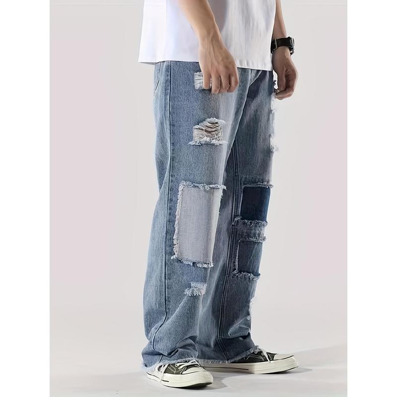 Men's Casual Patchwork Jeans, Chic Street Style Loose Fit Denim Pants K-pop