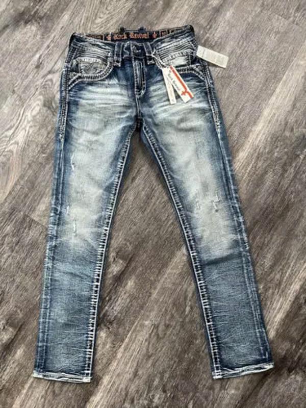 Y2K Men's Rock Revival Dimitri Denim Jeans Slim Straight Dark Blue, Men's Biker Jeans, 2000s Jeans, Comfortable Jeans For Men, Denim Jeans For Men