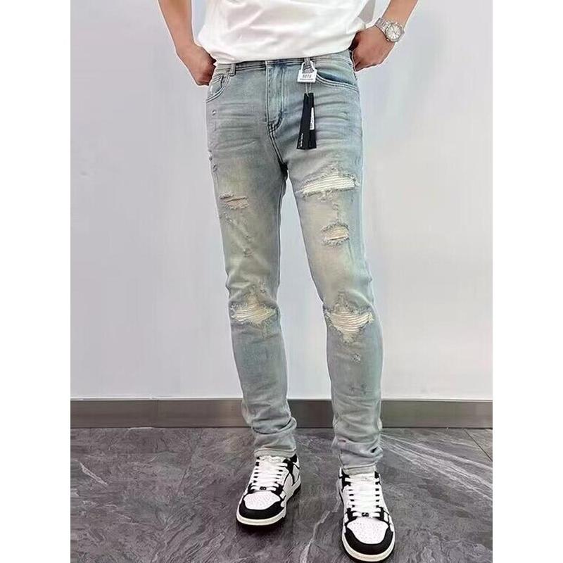 New Mens Ripped Splice Jeans Embroidery Skinny Pants High Quality Slim Vintage Blue Hip Hop Jeans Streetwear Mans Denim Trousers