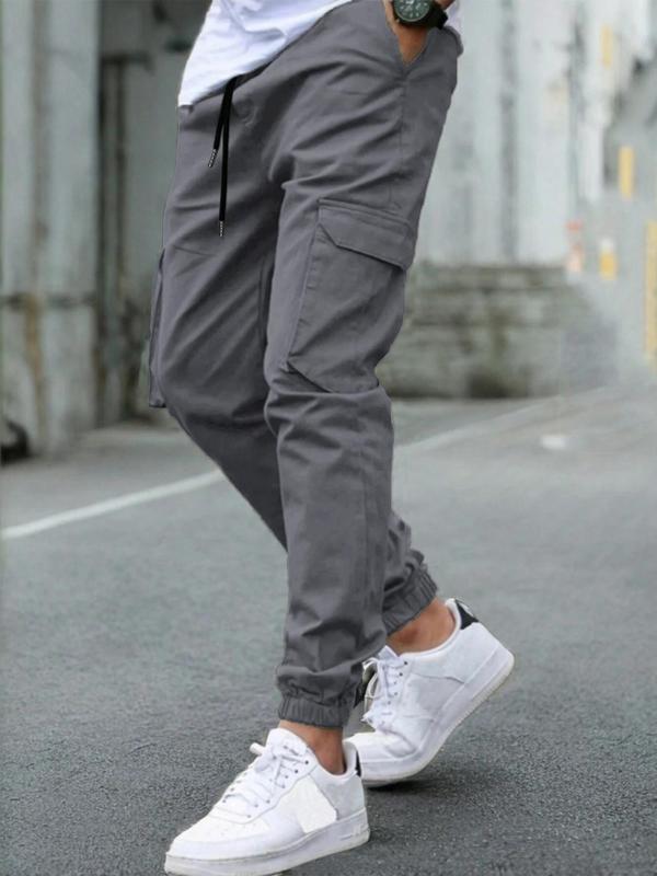 Men's Solid Drawstring Waist Cargo Pants, Casual Street Pocket Trousers for Daily Wear, Men's Bottoms for All Seasons