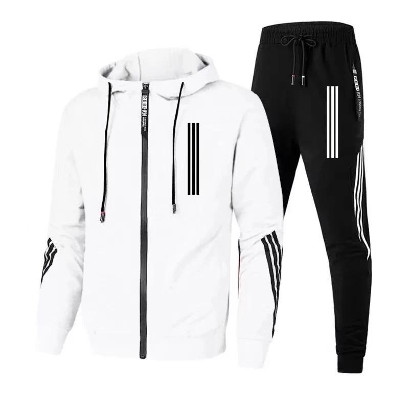 Men's Hoodies+Pants Two Piece Sets Triple Slant Hoodie Jacket Sport Zipper Tracksuits Sports Jogging Male Fitness Clothing