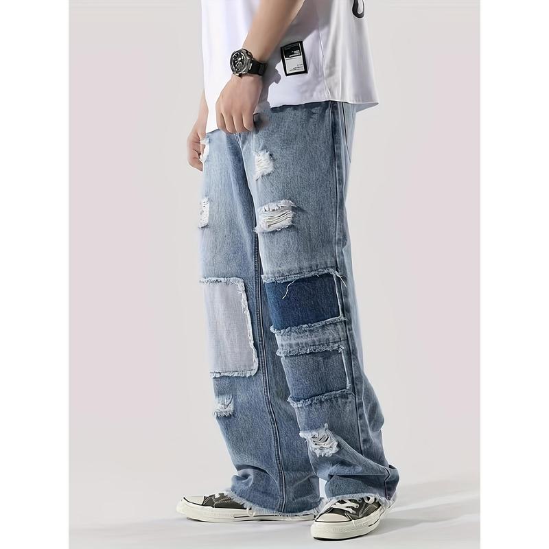 Men's Casual Patchwork Jeans, Chic Street Style Loose Fit Denim Pants K-pop