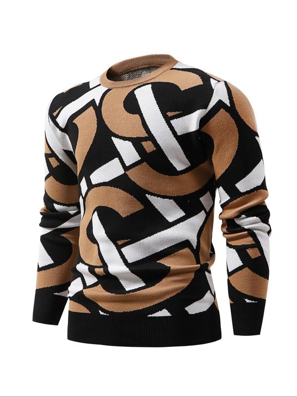 Men's Patchwork Print Round Neck Sweater, Regular Fit Casual Long Sleeve Crew Neck for Fall & Winter, Fashion Men's Knitwear for Daily Wear