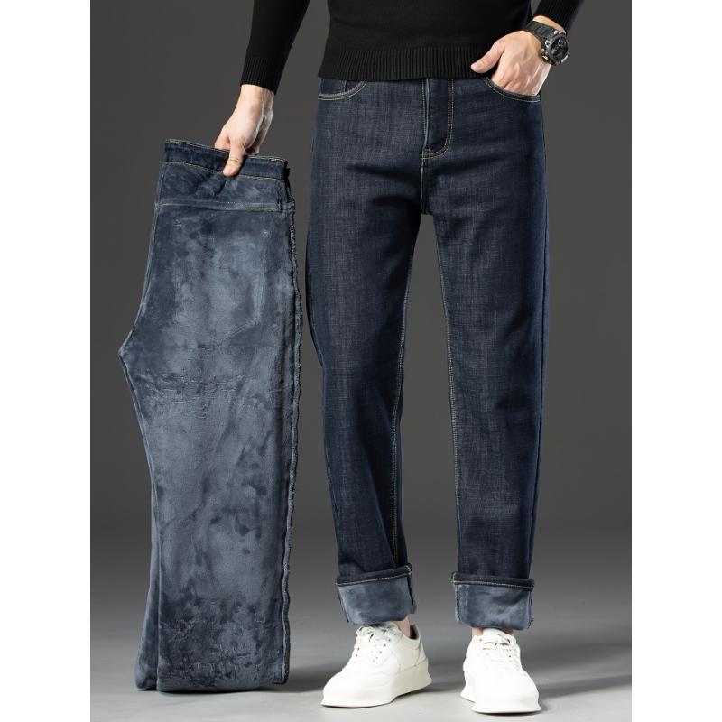 Men's Winter Fleece-Lined Cotton-Blend Jeans - Casual Stretchy Straight Leg with Pockets