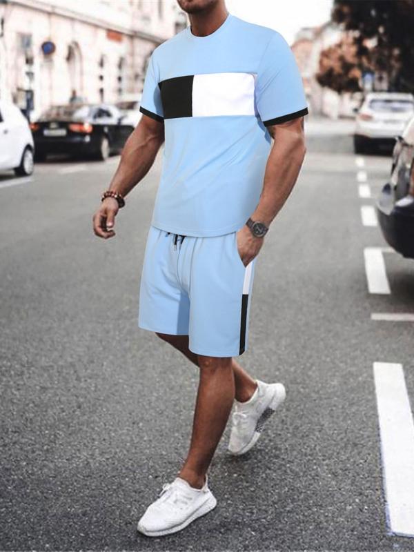 Two-Piece Set Men's Colorblock Tee & Drawstring Waist Shorts Set, Regular Fit Casual Streetwear Short Sleeve T-shirt & Pocket Shorts, Summer Outfits 2024