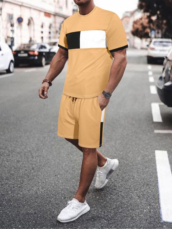 Two-Piece Set Men's Colorblock Tee & Drawstring Waist Shorts Set, Regular Fit Casual Streetwear Short Sleeve T-shirt & Pocket Shorts, Summer Outfits 2024