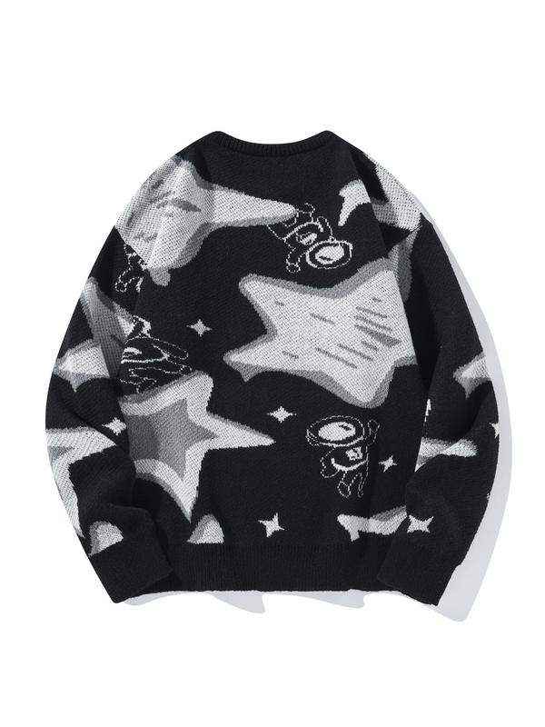 Men's Cartoon Astronaut & Star Print Round Neck Sweater, Regular Fit Casual Long Sleeve Crew Neck Jumper for Fall & Winter, Fashion Men's Knitwear for Daily Wear