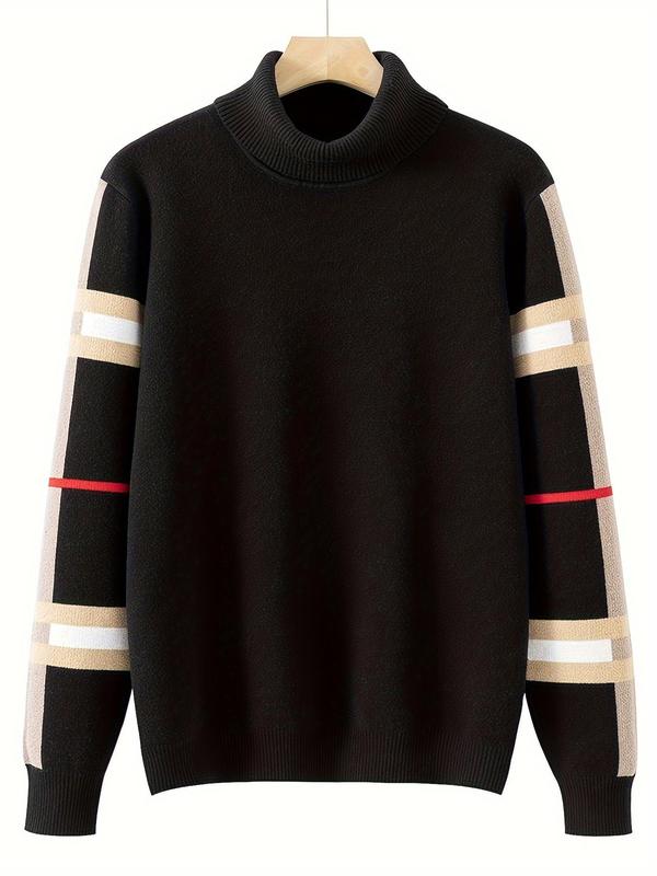 Men's Regular Fit Striped Print Stand Collar Sweater Pullover, Casual Long Sleeve Jumper for Fall & Winter, Fashion Men's Knitwear for Daily Wear