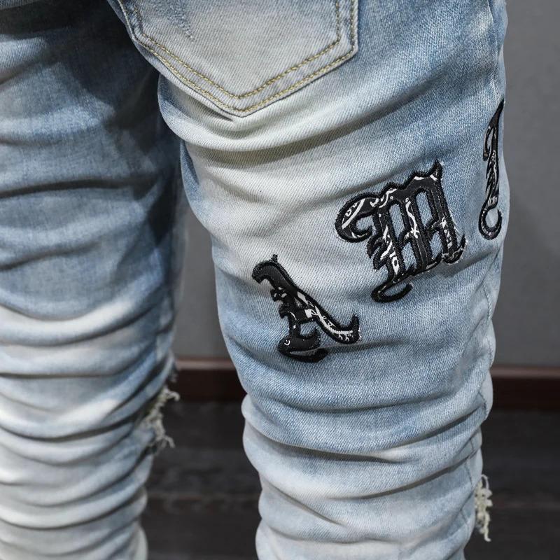 Designer fashion new men's jeans retro blue ripped patch elastic slim fit jeans high street hip-hop brand pants man