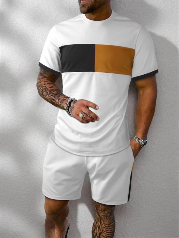 Two-Piece Set Men's Colorblock Tee & Drawstring Waist Shorts Set, Regular Fit Casual Streetwear Short Sleeve T-shirt & Pocket Shorts, Summer Outfits 2024