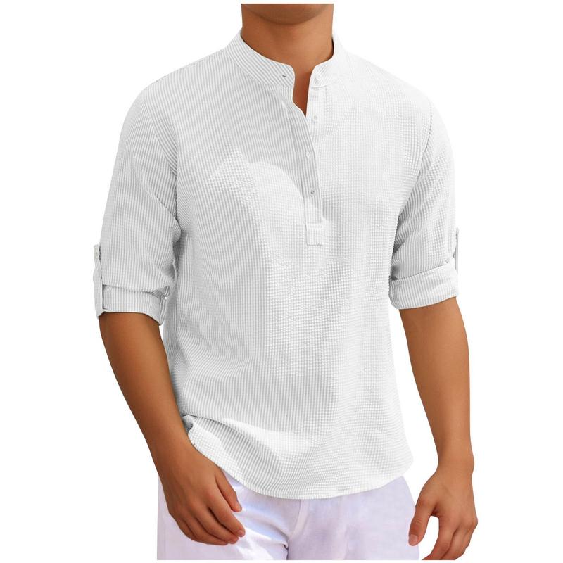 New Four Seasons Men's Shirt Long Sleeve Stand Collar Open Button Shirt Men's Casual Shirt Top Fashion