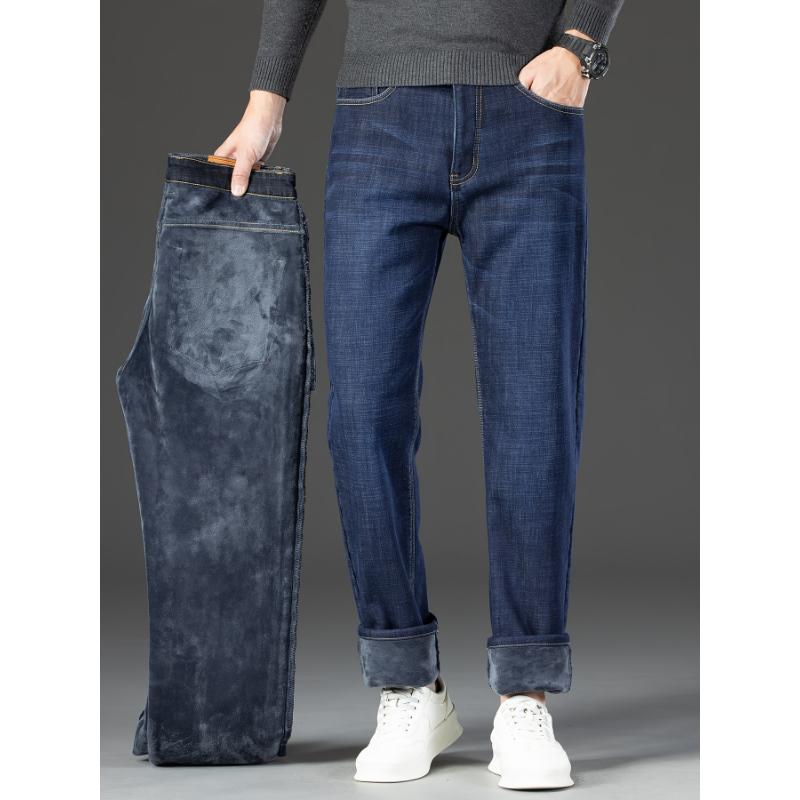 Men's Winter Fleece-Lined Cotton-Blend Jeans - Casual Stretchy Straight Leg with Pockets