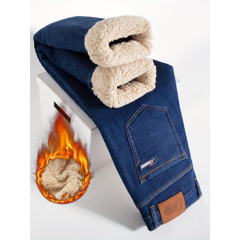 Men's Winter Fleece-Lined Cotton-Blend Jeans - Casual Stretchy Straight Leg with Pockets