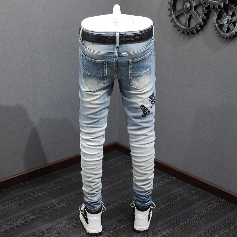 Designer fashion new men's jeans retro blue ripped patch elastic slim fit jeans high street hip-hop brand pants man