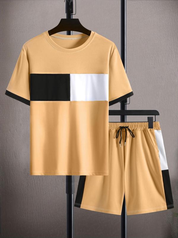 Two-Piece Set Men's Colorblock Tee & Drawstring Waist Shorts Set, Regular Fit Casual Streetwear Short Sleeve T-shirt & Pocket Shorts, Summer Outfits 2024