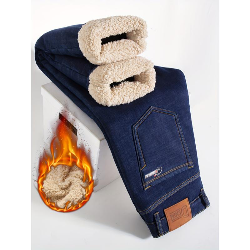 Men's Winter Fleece-Lined Cotton-Blend Jeans - Casual Stretchy Straight Leg with Pockets