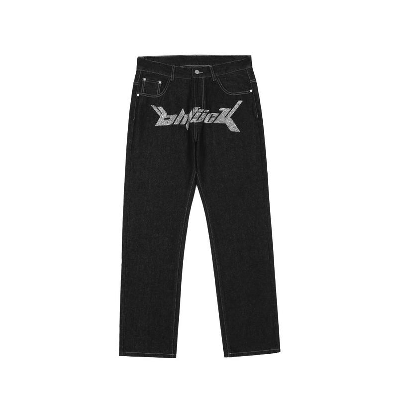 European-American Style Letter-Print Jeans: Wide-Leg Premium Streetwear - Dark Twill