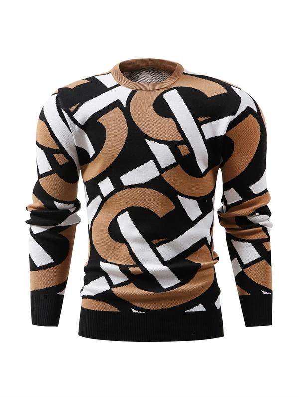 Men's Patchwork Print Round Neck Sweater, Regular Fit Casual Long Sleeve Crew Neck for Fall & Winter, Fashion Men's Knitwear for Daily Wear