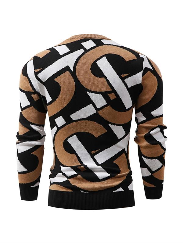 Men's Patchwork Print Round Neck Sweater, Regular Fit Casual Long Sleeve Crew Neck for Fall & Winter, Fashion Men's Knitwear for Daily Wear