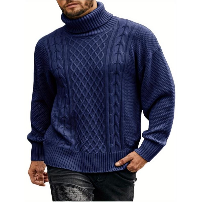 Men's Plus Size Knit Pullover Sweater - Chunky Cable Knit Design Relaxed Fit Cozy & Warm High-Neck Style For Big & Tall Sizes Winter Essential