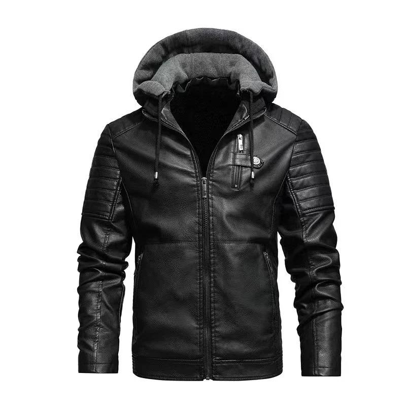 Fashion Men's Hooded Jacket Autumn Winter Faux Leather Jacket Men Military Style Outwear Motocycle New Brand Zipper Pockets Coat