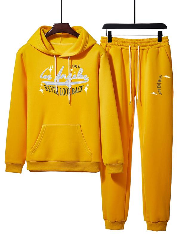 Men's Regular Fit Letter Print Drawstring Hoodie & Pocket Sweatpants Two-piece Set, Casual Long Sleeve Pocket Hooded Sweatshirt & Drawstring Waist Jogger Pants for Fall & Winter, Men's Two-piece Outfits for Daily Wear