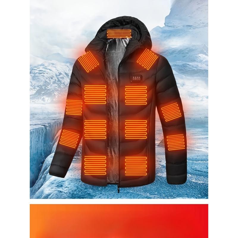 Heated Jacket with 23 Heating Zones, Unisex Polyester Fleece Lined Thermal Suit, Sports Style Hooded Winter Coat, Non-Stretch Solid Color Fabric, Long Sleeve, Regular Fit, with Zipper Closure, for Outdoor Activities, Casual & Running, Fall 