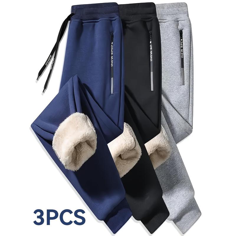 [Trusted] 3pcs Men's Fleece-Lined Joggers - Casual, Stretchy Polyester & Spandex Blend Sweatpants with Pockets, Machine Washable