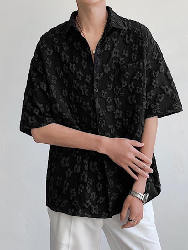 Men's Plain Floral Pattern Button Front Pocket Shirt, Casual Streetwear Regular Fit Drop Shoulder Half Sleeve Collar Shirt for Summer, Fashion Men's Clothes for Daily Wear Top